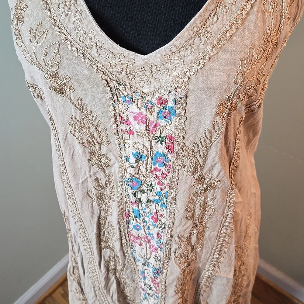 Beige embroidered 90s rayon dress - Picture 4 of 5